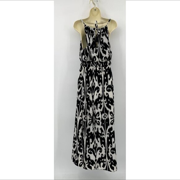 Athleta Ikat Bloom maxi dress black white Faux wrap skirt tulip halter Medium - Picture 3 of 5